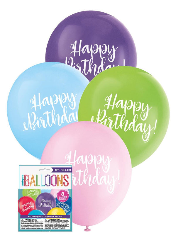 UNINFLATED HAPPY BIRTHDAY 8 X 30.4CM (12") BALLOONS - ASSORTED COLOURS